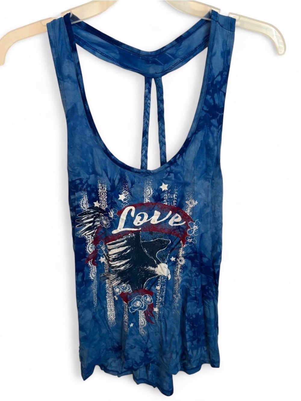 No Boundaries Blue Tie-Dye Racerback Tank with Eagle 'Love' Graphic